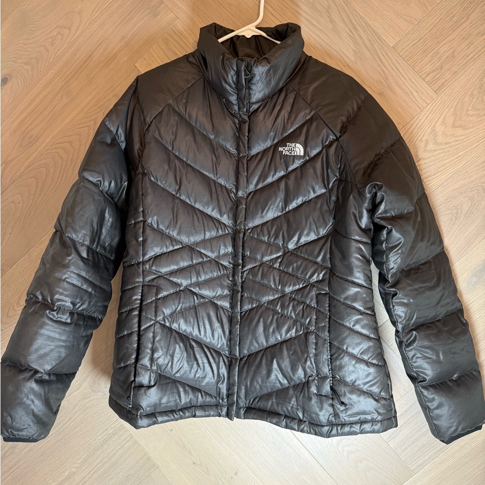 The North Face Black Shiny Quilted Jacket with Embroidered Logo